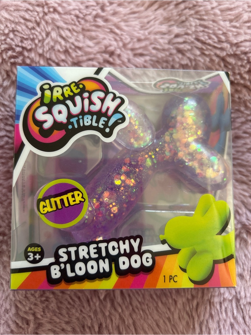 JA-RU Irre-Squish-tible Stretchy B'Loon Dog Fidget Toy Purple Glitter NIB